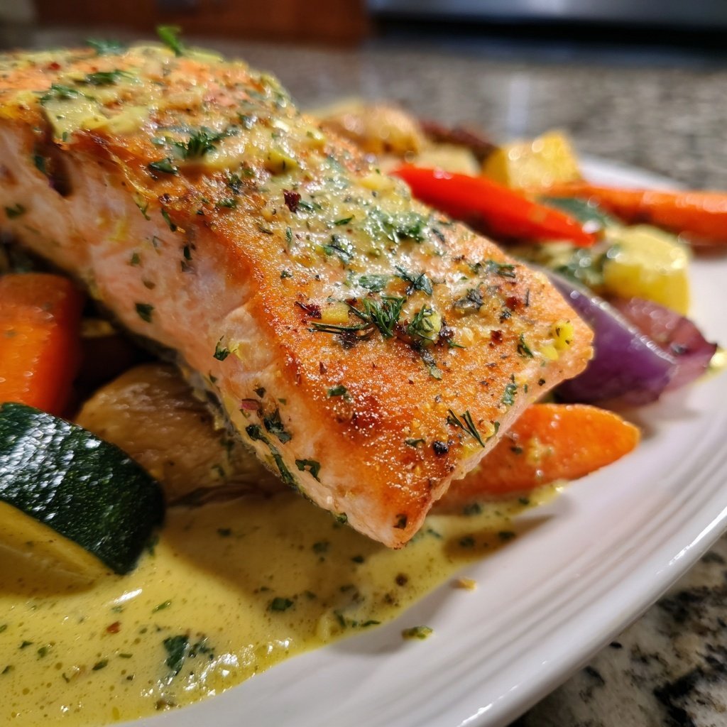 Lachs mit Ofengemüse & Zitronen-Dill-Sauce