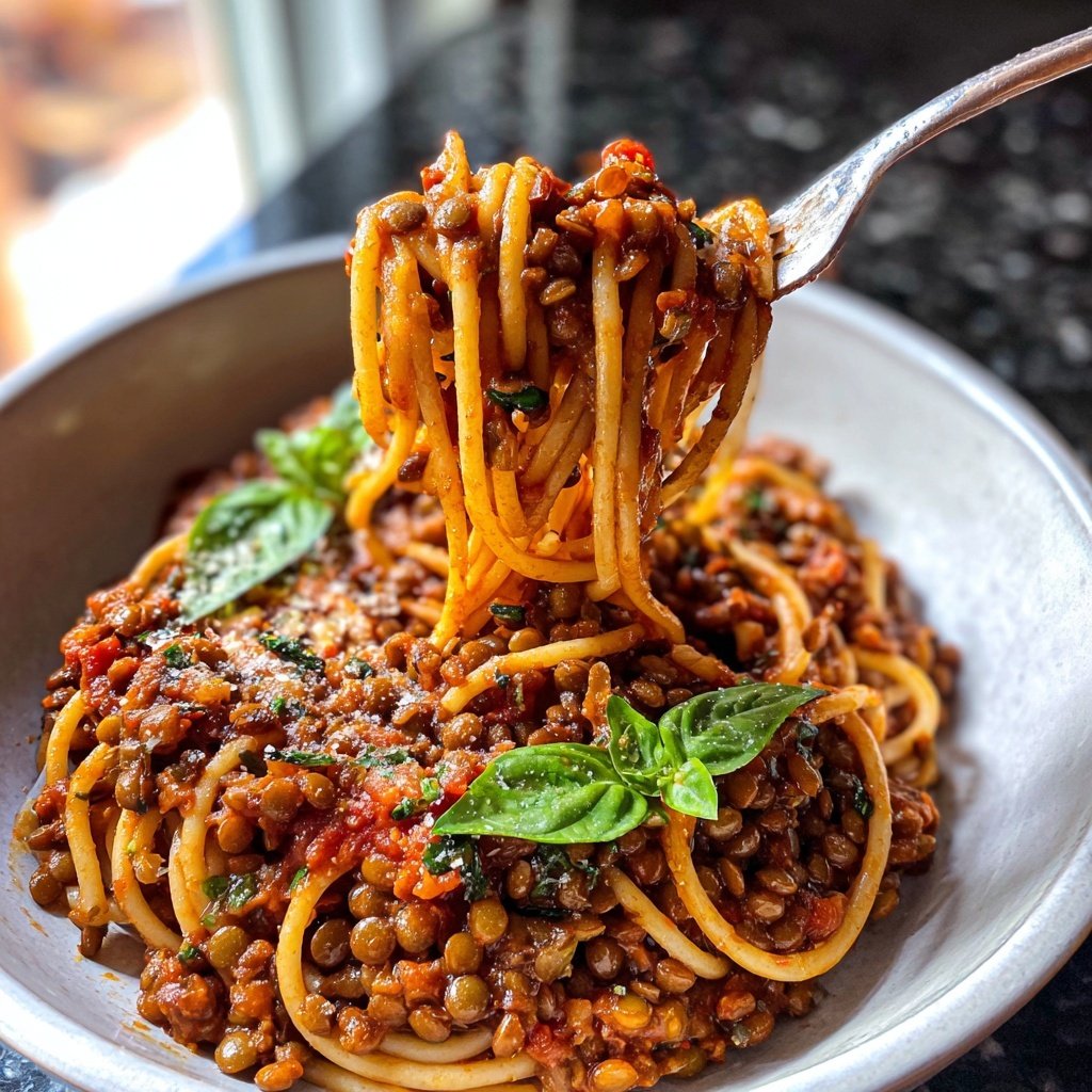 Linsen-Bolognese mit Spaghetti